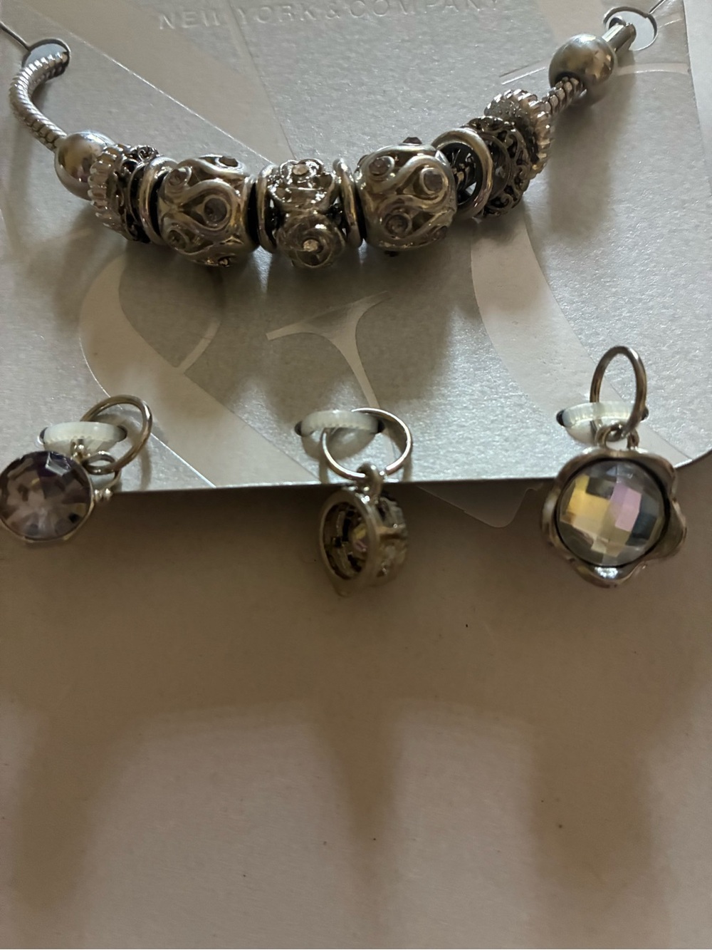 New York & Company Silver-Tone Charm Bracelet with Iridescent Crystal Dangles